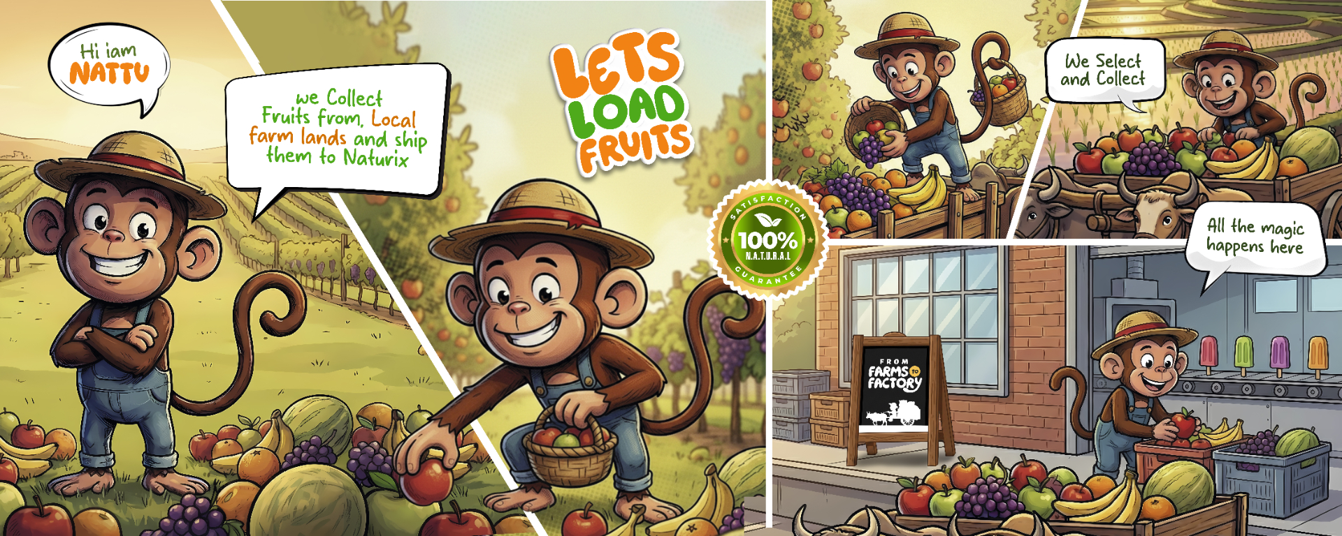 Nattu the monkey collects fruits from local farms and brings them to the Naturix factory