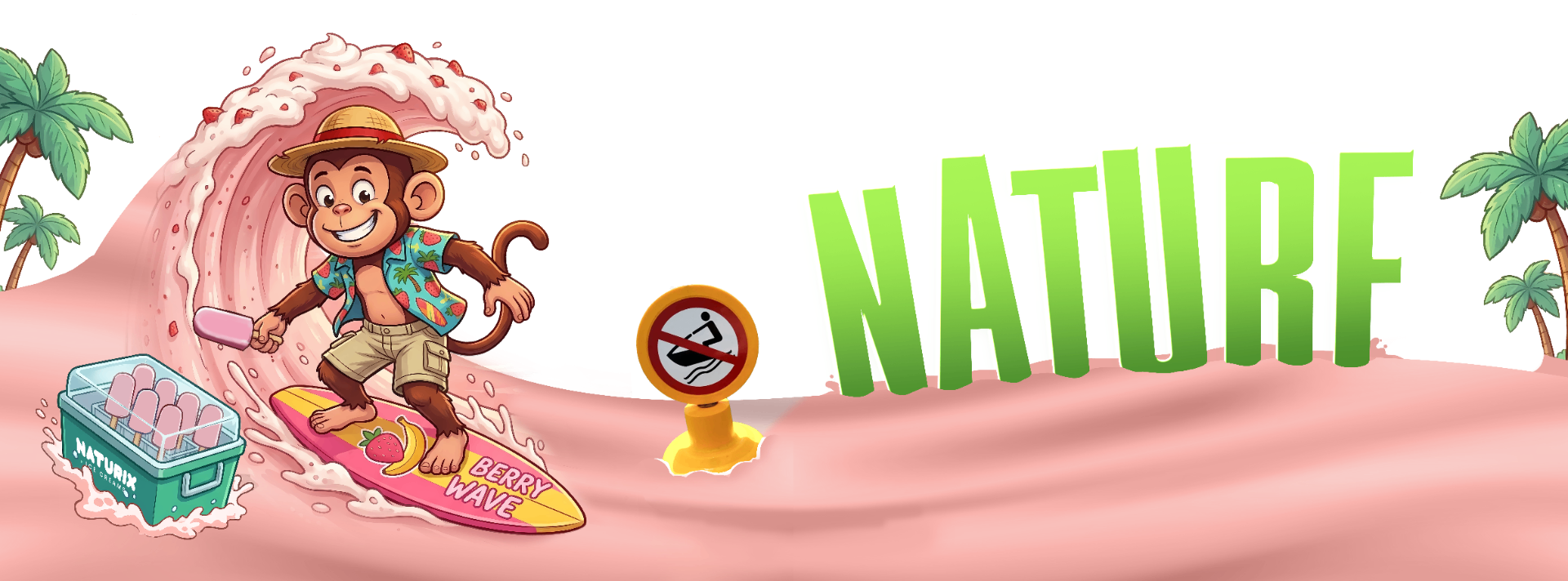 Naturix mascot surfing a berry wave - nature in every bite