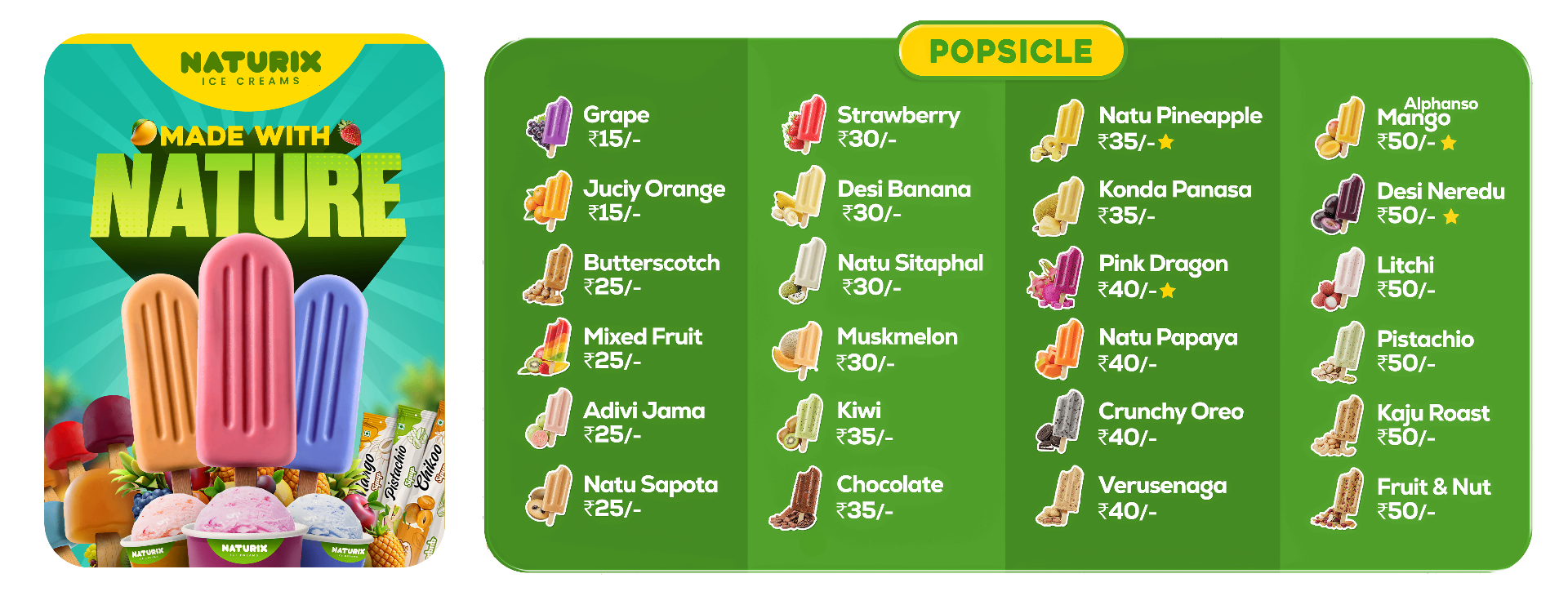 Naturix popsicle menu - all flavors and prices